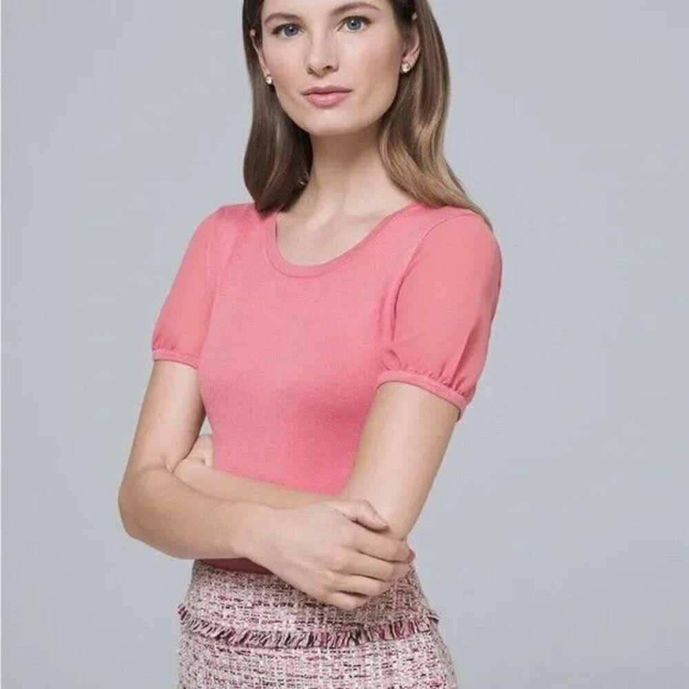 White House Black Market Woven Sleeve Sweater Top Blouse Pink Coral Size XS NWT